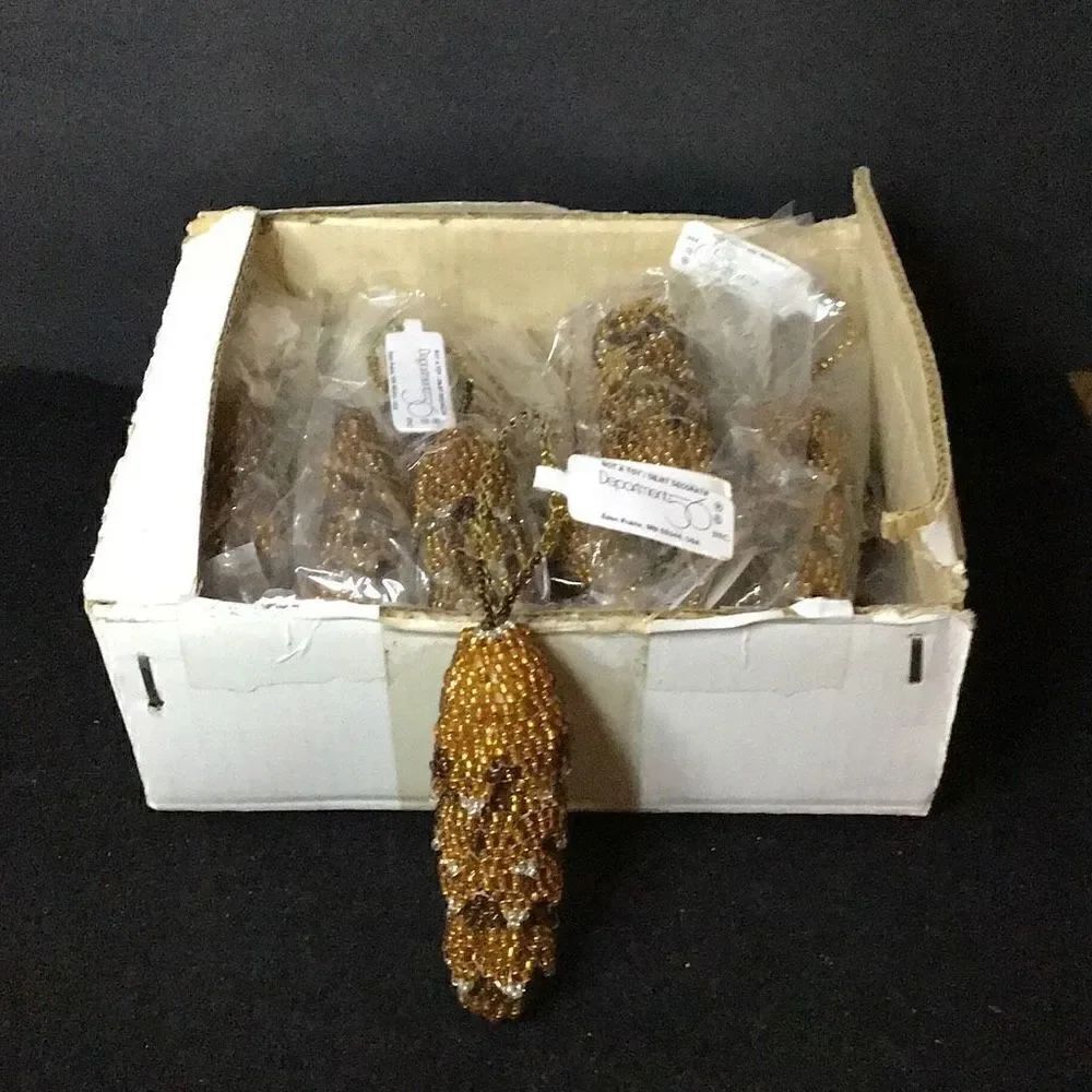 Ornaments, vintage, new in the box 12 each. Department 56 beaded Pine Cones